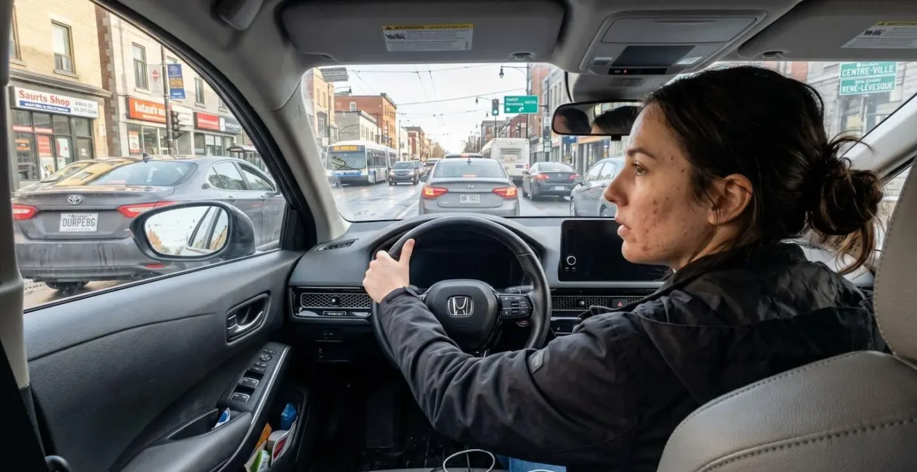 Conducteur au volant dans la circulation urbaine matinale à Montréal, vue de profil à travers la fenêtre latérale