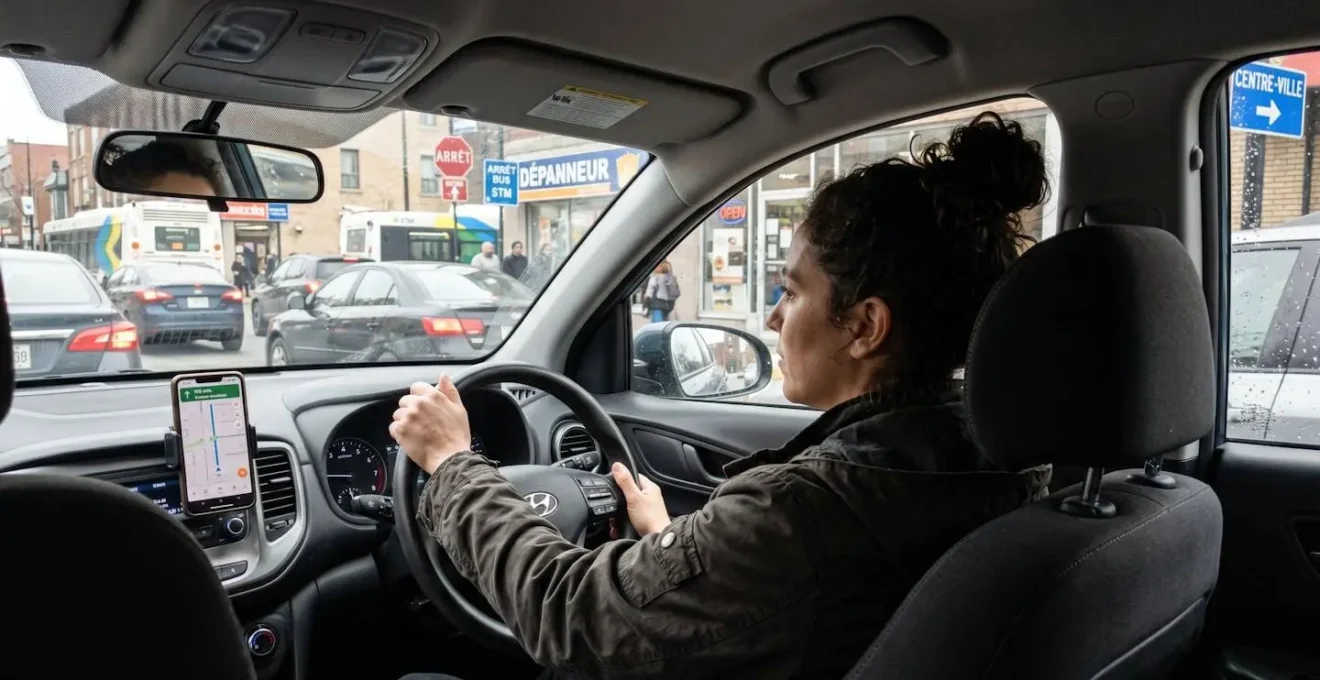 Conducteur au volant dans la circulation urbaine matinale à Montréal, vue de profil à travers la fenêtre latérale