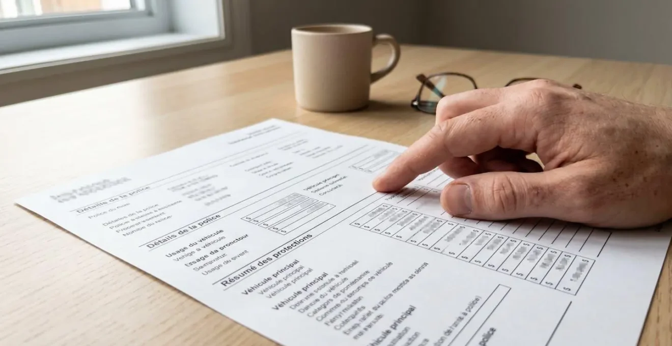 Document de police d'assurance automobile posé sur un bureau, montrant les sections de tarification