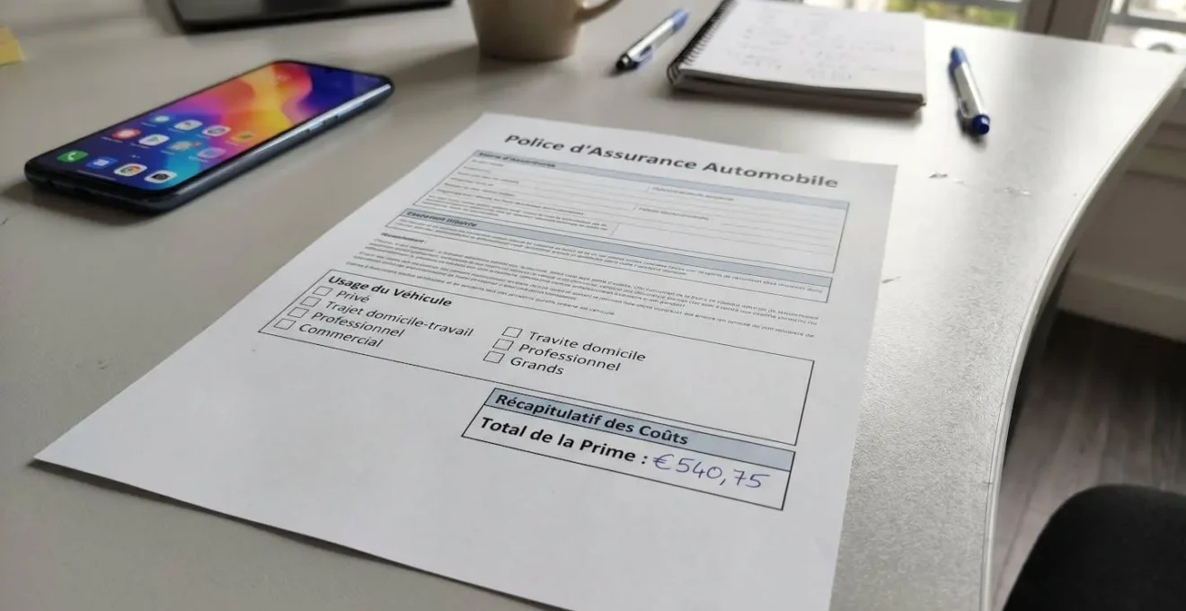 Document de police d'assurance automobile posé sur un bureau, montrant les sections de tarification