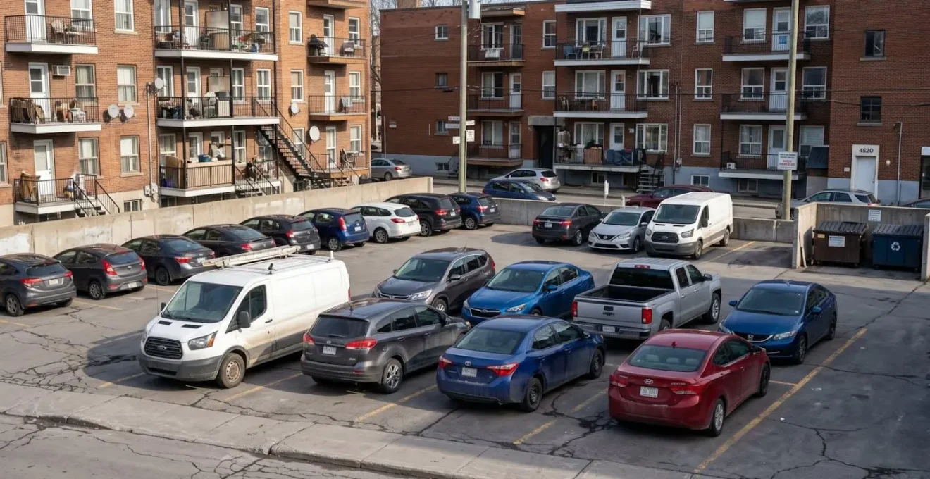 Stationnement résidentiel québécois avec différents types de véhicules reflétant des usages variés