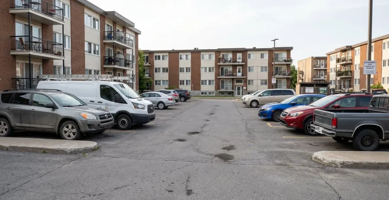 Stationnement résidentiel québécois avec différents types de véhicules reflétant des usages variés