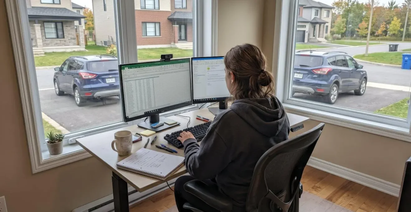Personne en télétravail à domicile, vue de dos, avec véhicule stationné visible par la fenêtre