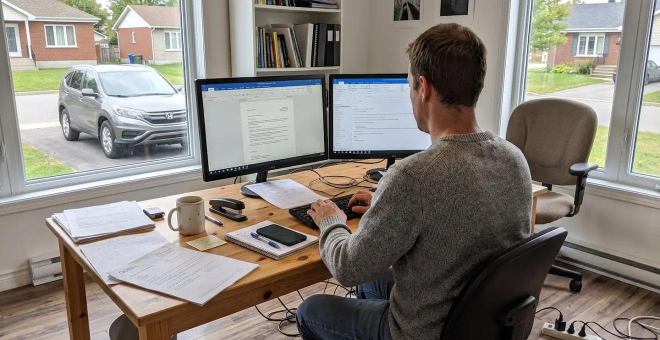 Personne en télétravail à domicile, vue de dos, avec véhicule stationné visible par la fenêtre